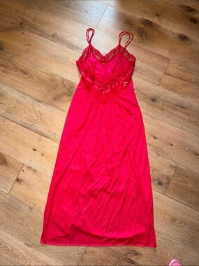 Vintage Shannon lee Red Lace Trim Satin Slip Dress Women's Intimates boudoir